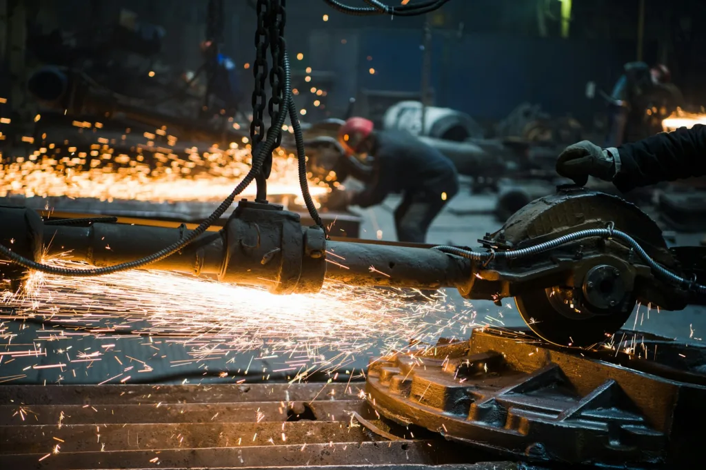 Industrial worker cutting and welding metal with many sharp sparks